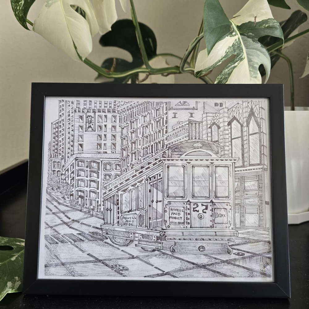 San Francisco California Art Original Drawing Cable Car Trolley